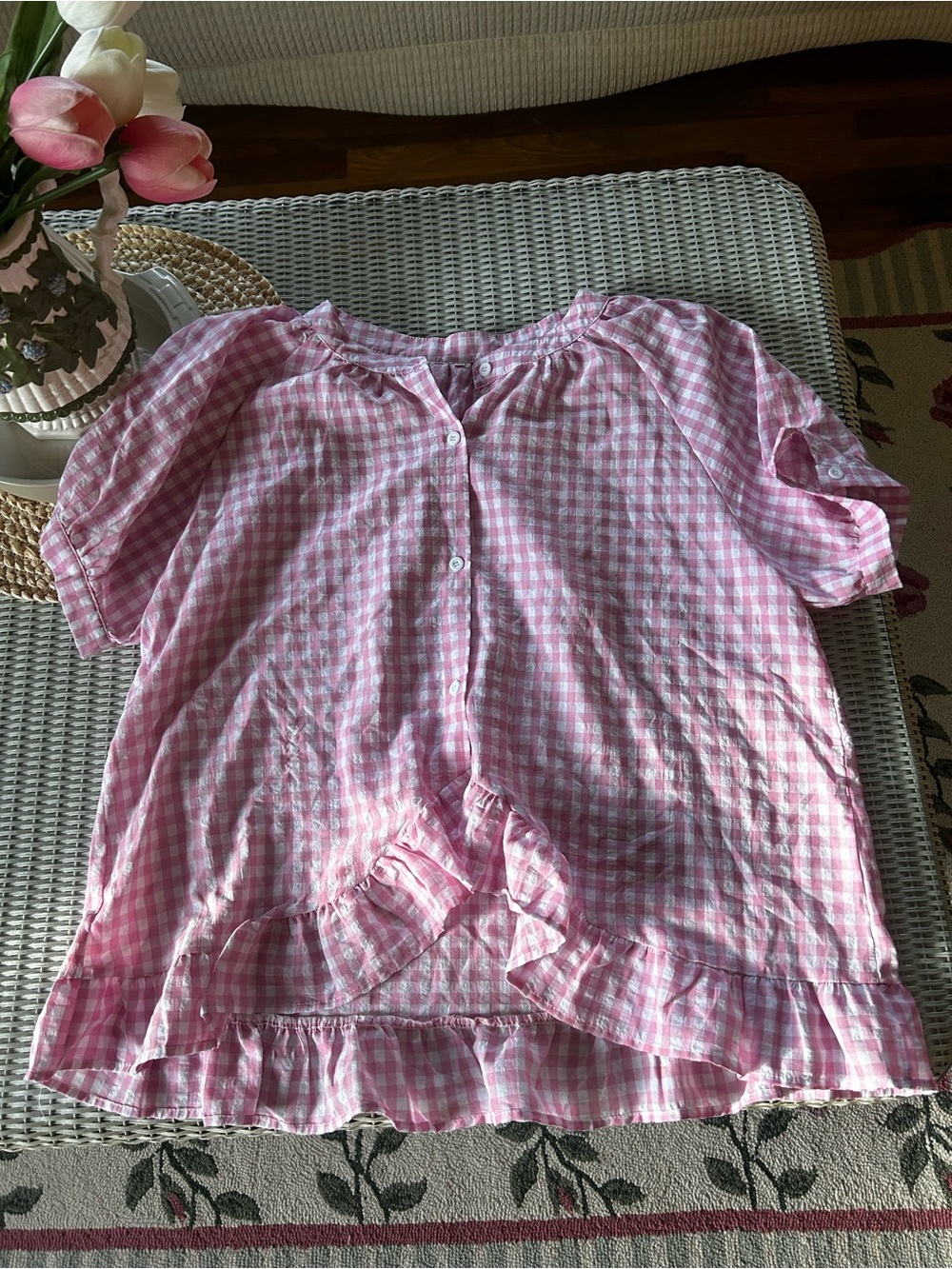 Pink Gingham Ruffle Button-Front Women's Top - Picture 1 of 3